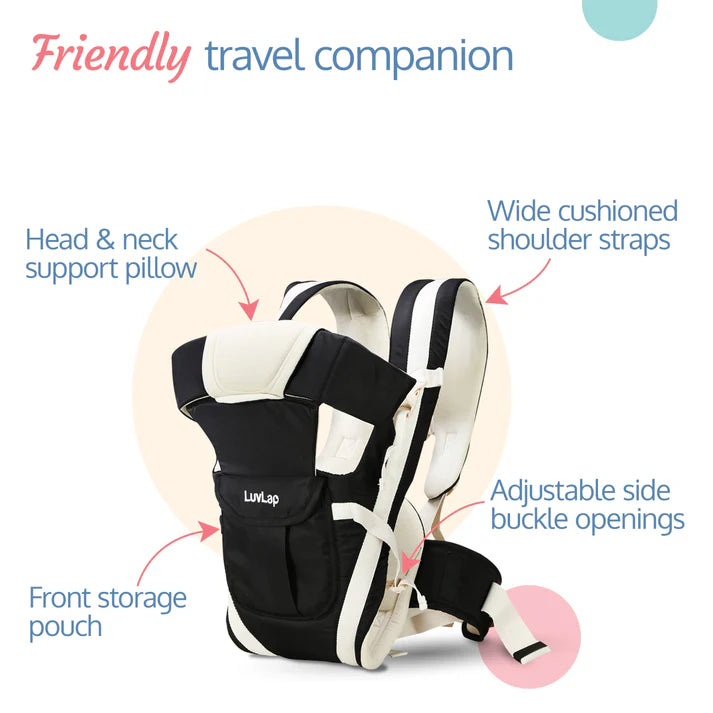 Smiling mother carrying a baby in a black Luvlap Elegant Baby Carrier with beige padding and straps, designed for comfortable and secure babywearing. Shows the baby facing towards the parent. From uSmile.toys." www.usmile.toys